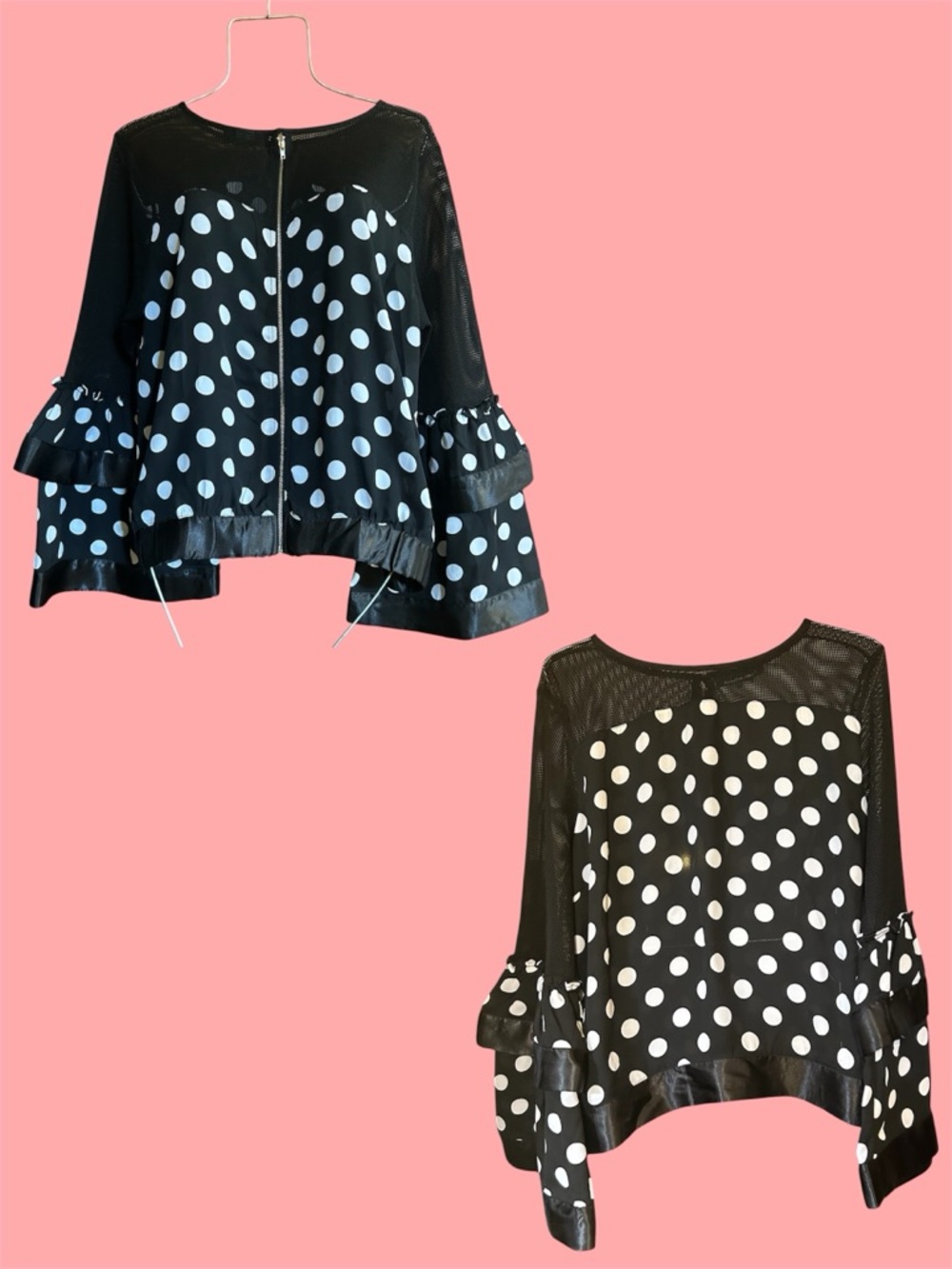 Black Polka Dot Ruffle Sleeve Blouse - Guessing an  XL